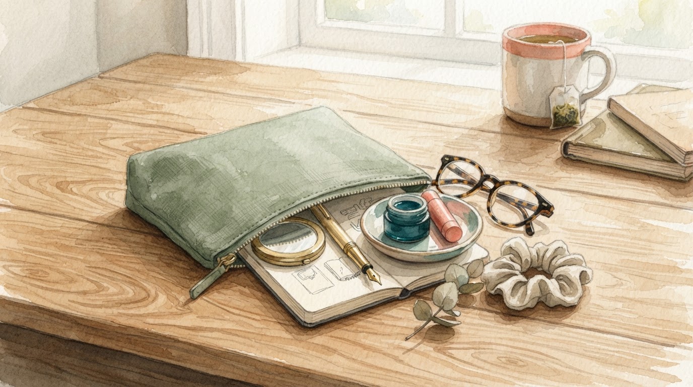 Small pouch with essentials on wooden desk, sage watercolor