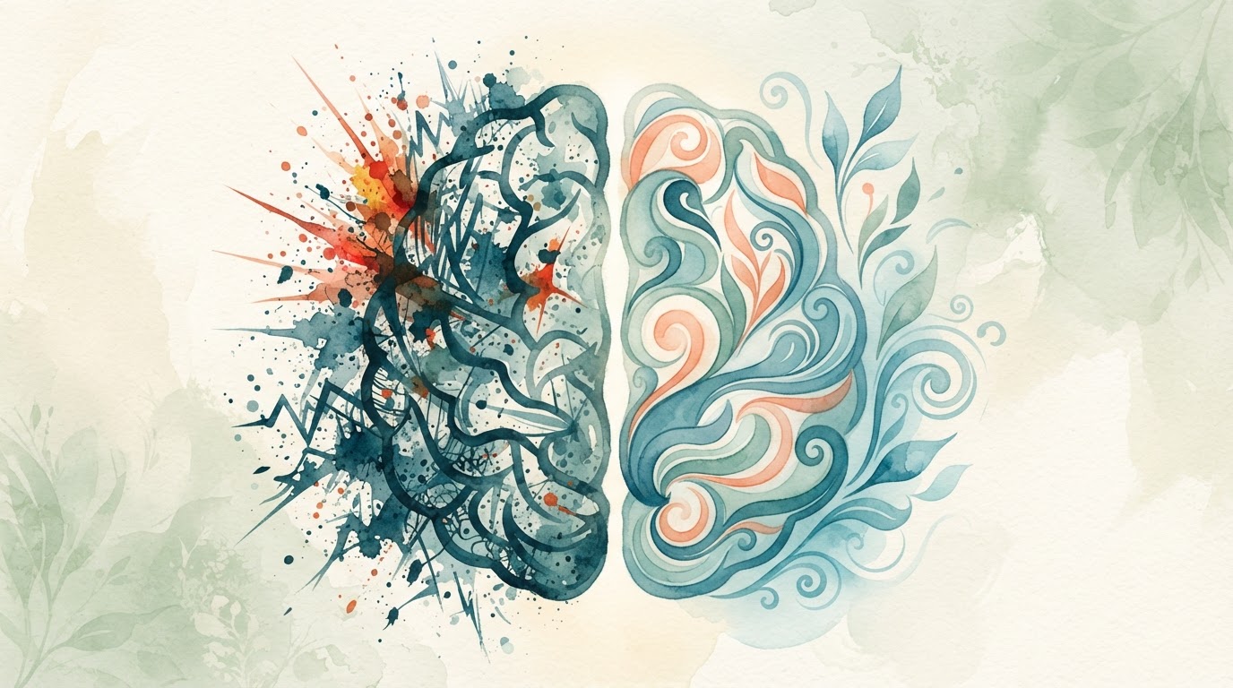 رسم توضيحي مجرد يظهر دماغًا مقسومًا إلى نصفين