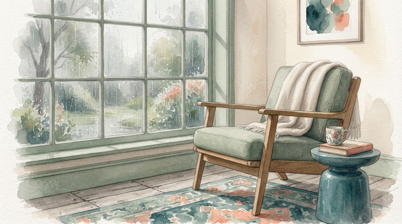 Empty chair by a window with soft rain, muted grey watercolor