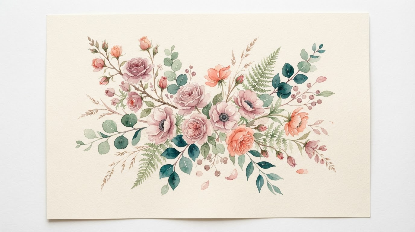 Delicate botanical illustration in dusty rose watercolor