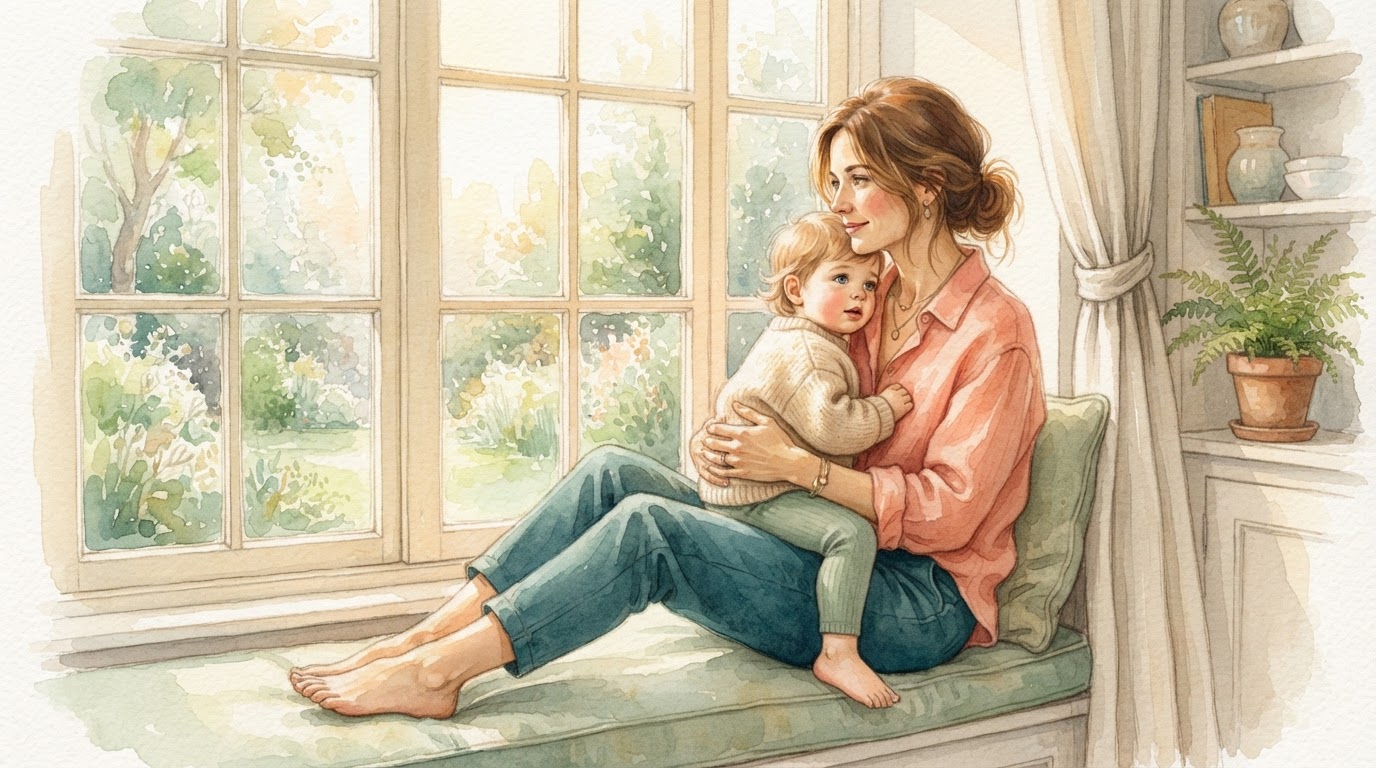 Two hands holding warm mugs on a café table, editorial watercolor