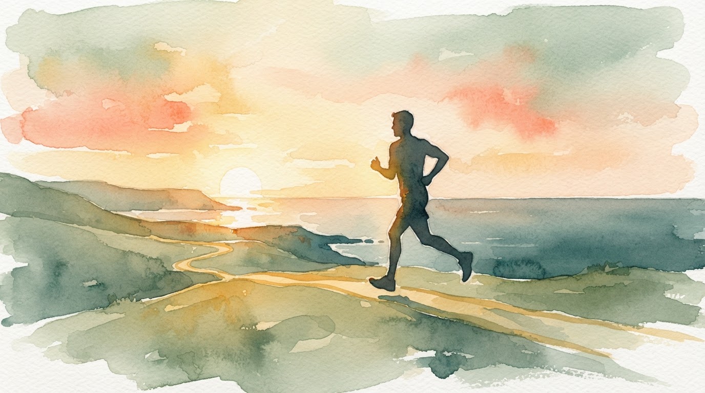 Runner silhouette in dawn light, warm gold watercolor
