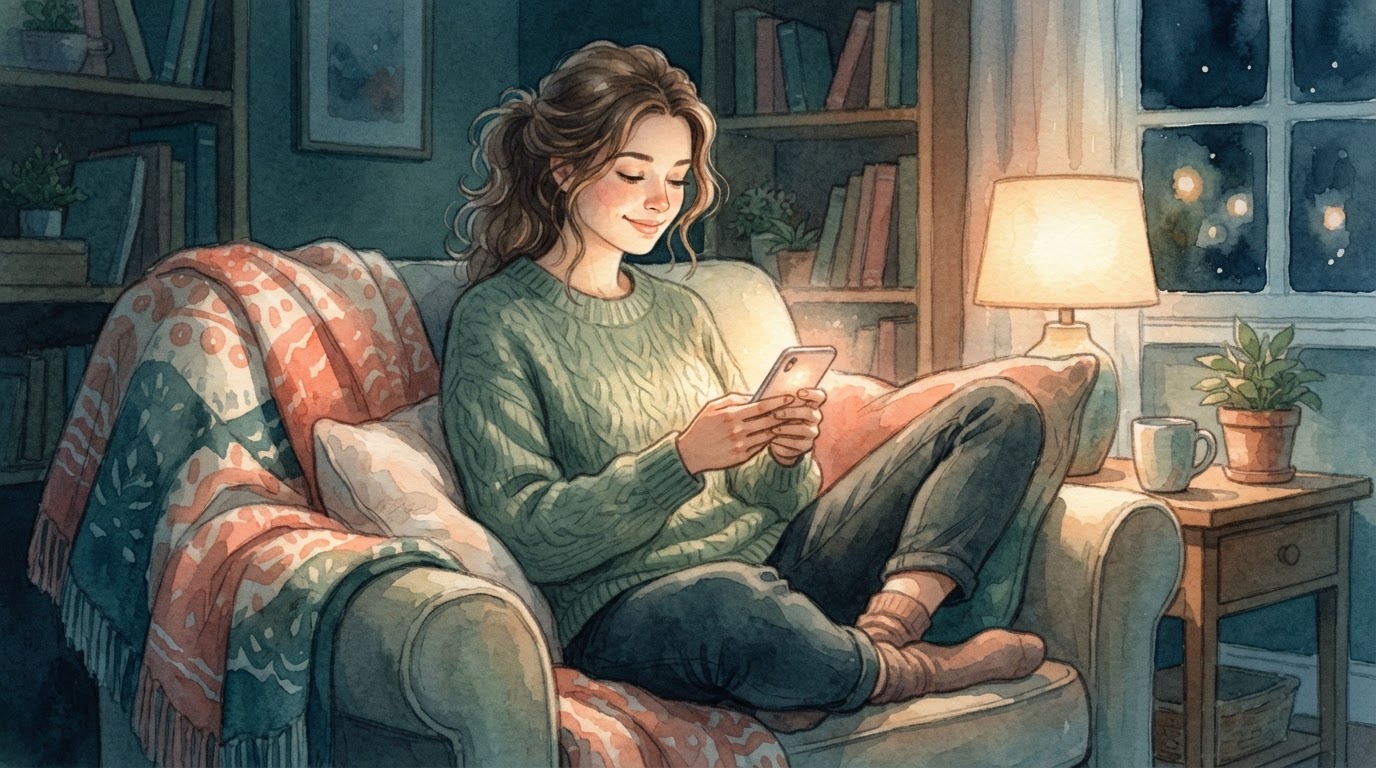 شخص يجلس بهدوء ويمسك هاتفه الذكي الذي يضيء بنور هادئ في غرفة معتمة قليلاً