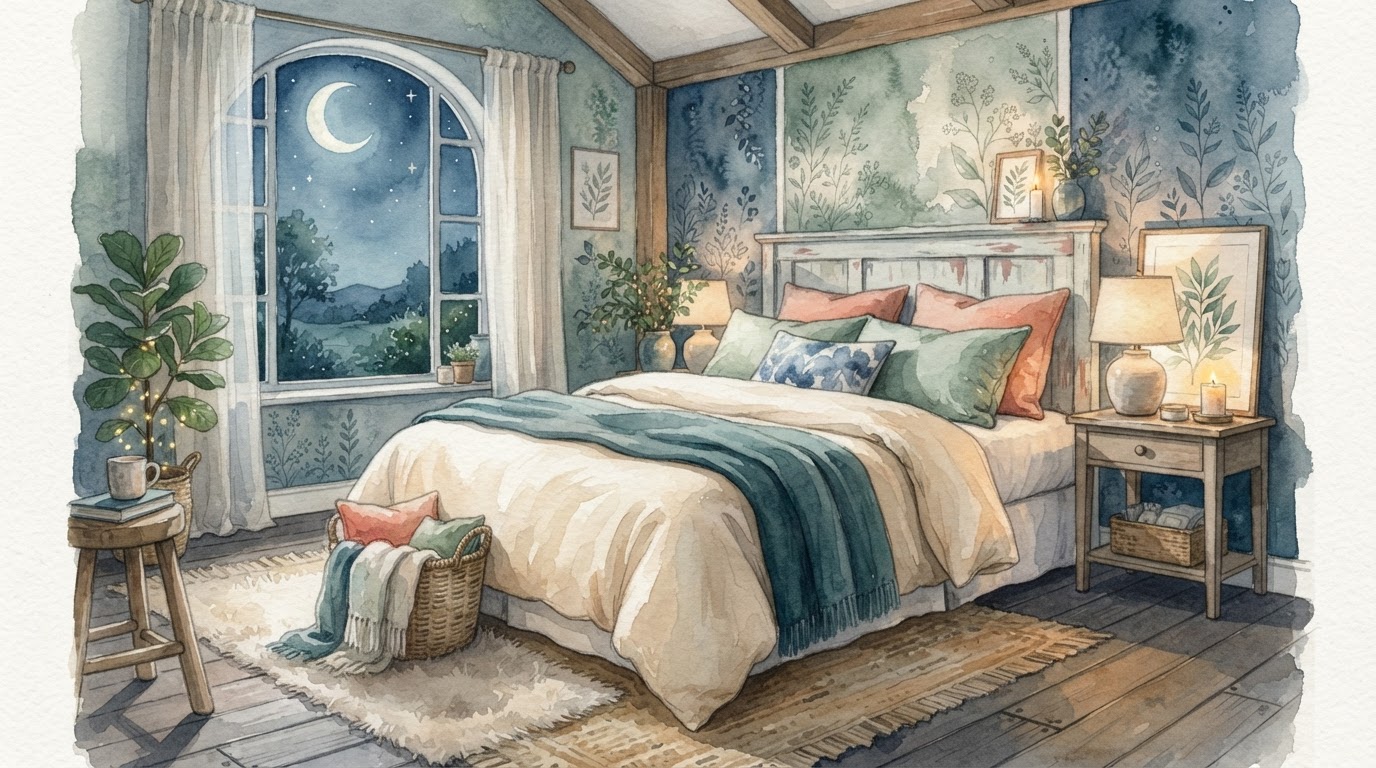Warm bedside lamp, book and tea on nightstand, indigo watercolor