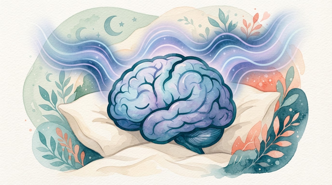 رسم توضيحي لدماغ نائم مع موجات دماغية هادئة