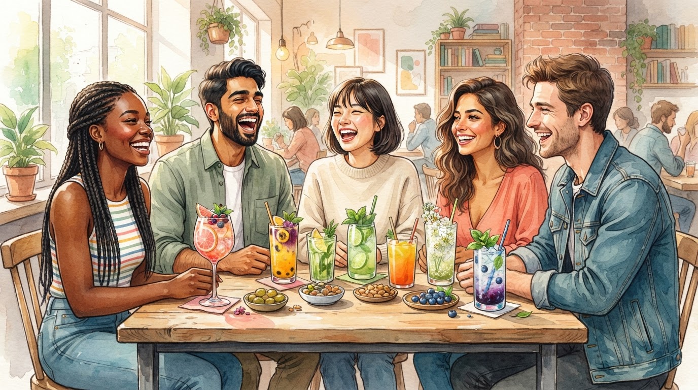 مجموعة متنوعة من الأصدقاء يضحكون ويستمتعون في مقهى عصري مشرق، وأمامهم مجموعة من الموكتيلات والعصائر الملونة