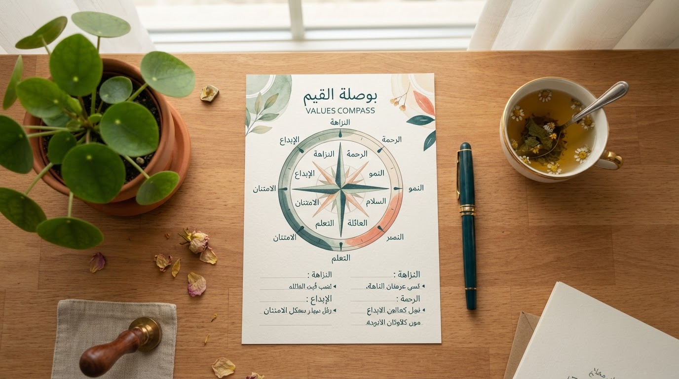 بطاقة بوصلة القيم مطبوعة ومكتوبة بخط اليد على مكتب أنيق