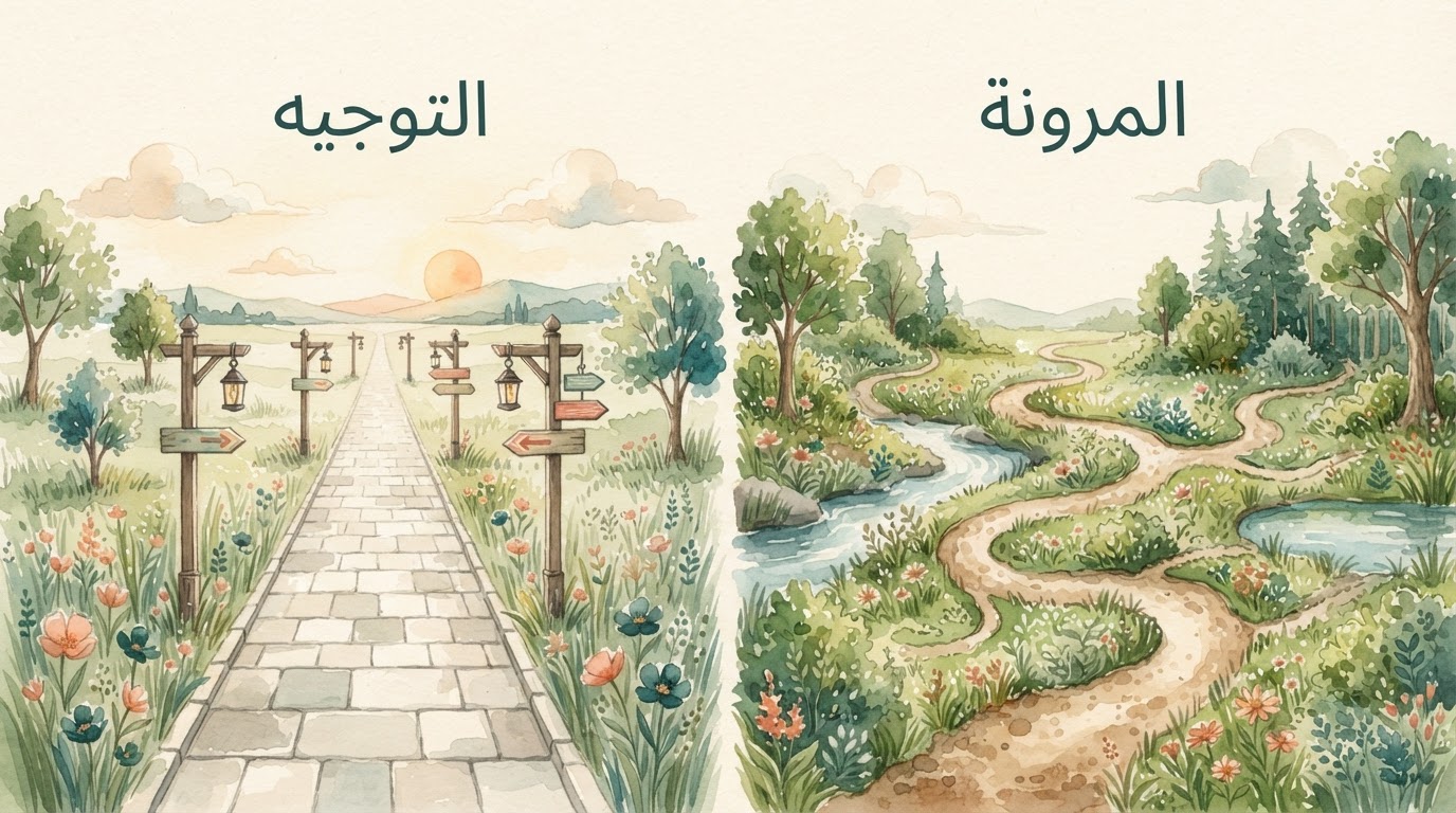 رسم بياني بسيط يوضح مسارين: مسار مستقيم ومنظم يمثل التوجيه، ومسار متعرج وإبداعي يمثل المرونة