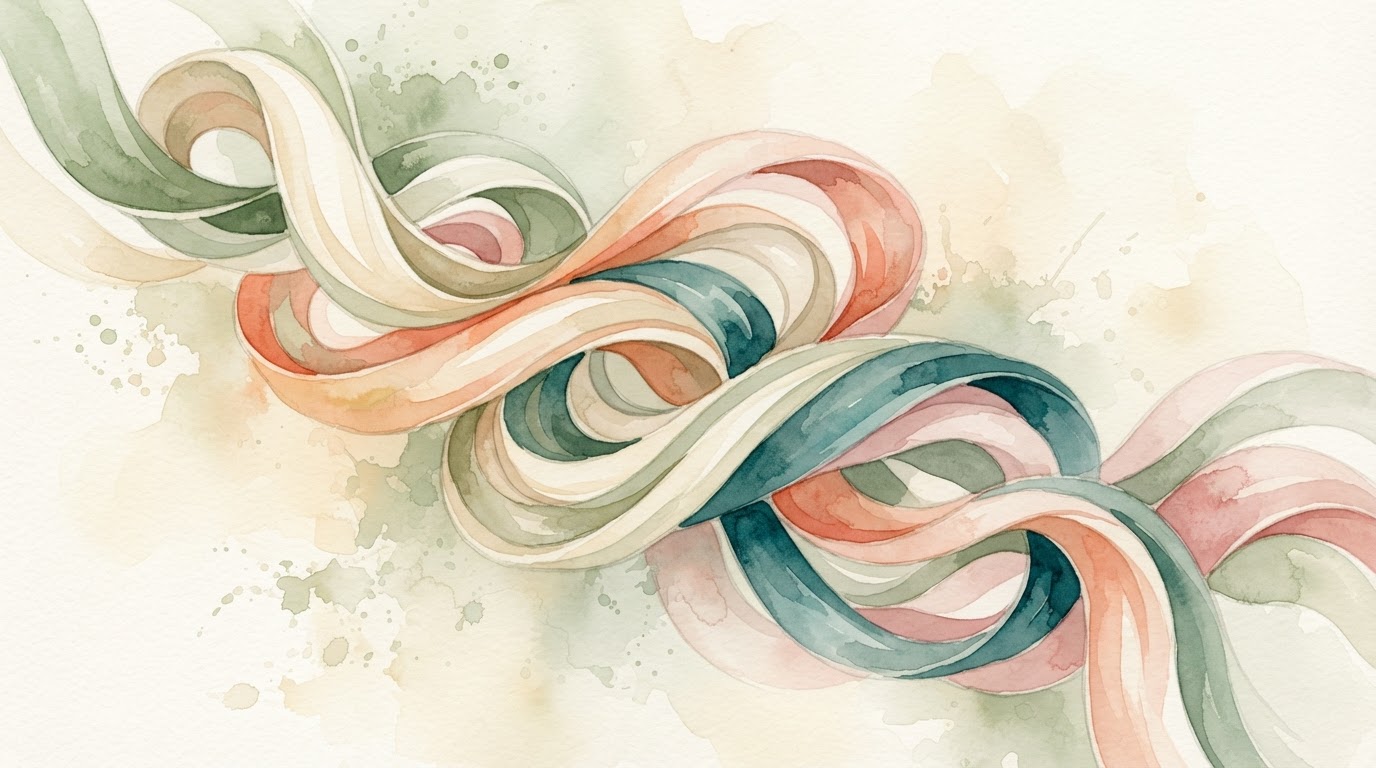 Editorial ribbons intertwined in pastel colors, magazine watercolor