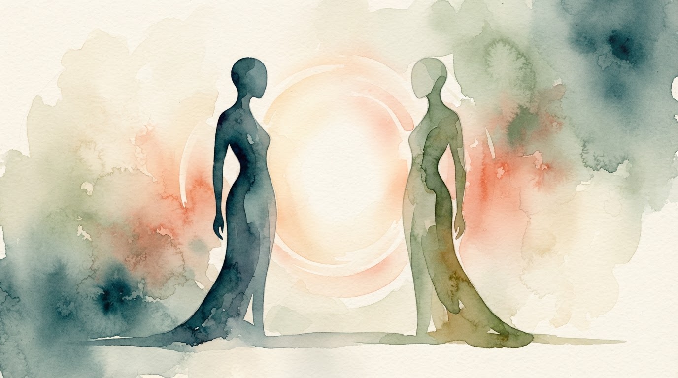 Two abstract silhouettes with a soft light between them, editorial watercolor