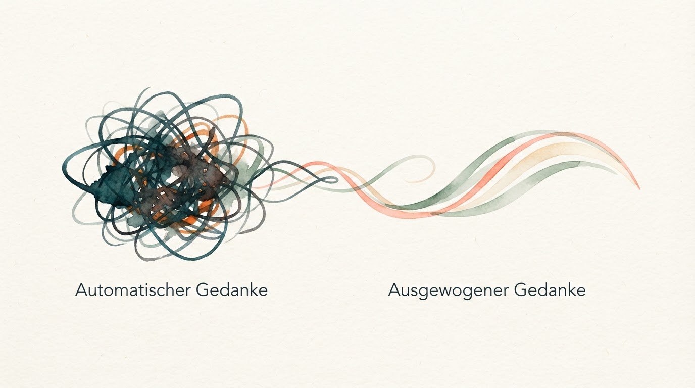 Diagramm, das den Weg von einem negativen zu einem ausgewogenen Gedanken zeigt.
