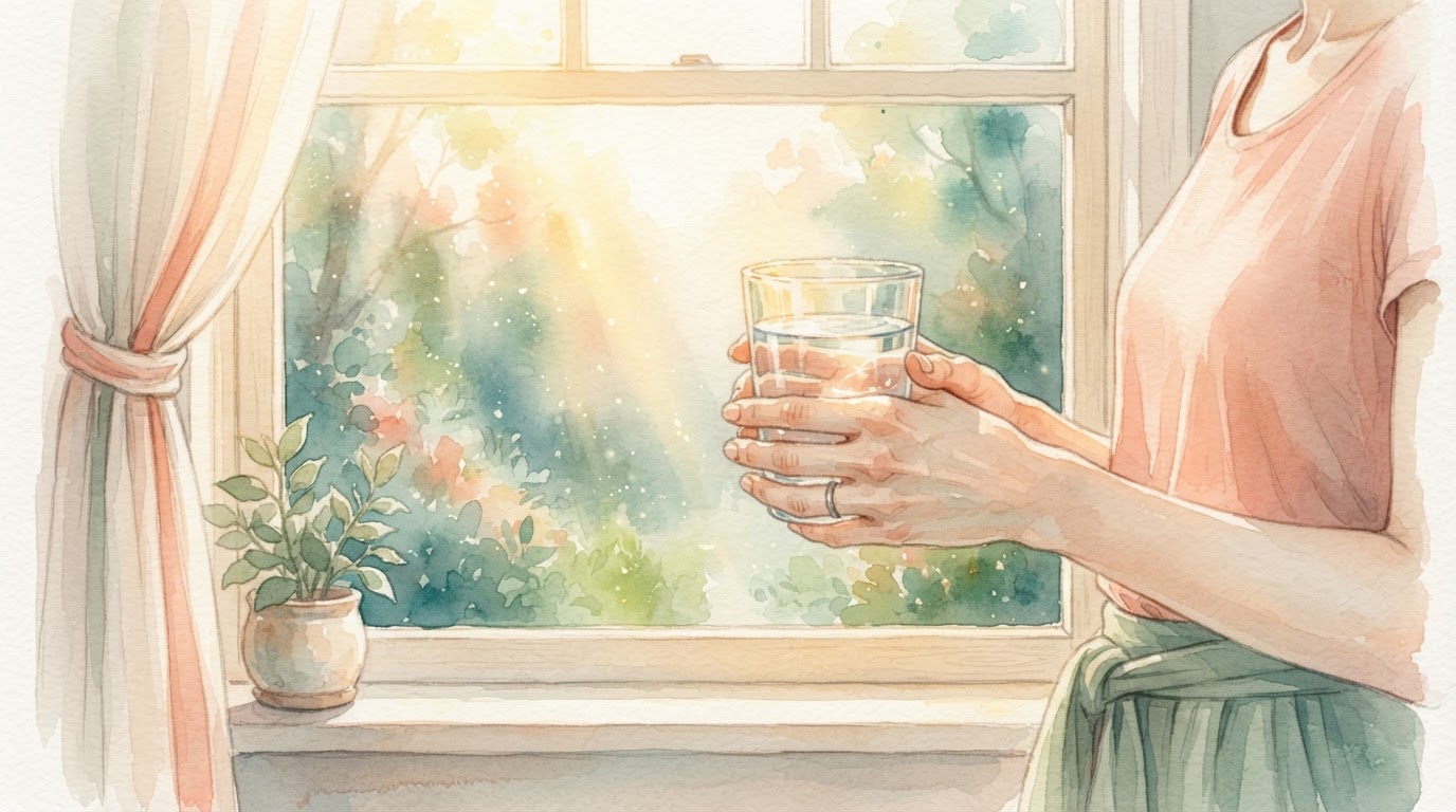 Eine Person am Fenster mit einem Glas Wasser am Morgen