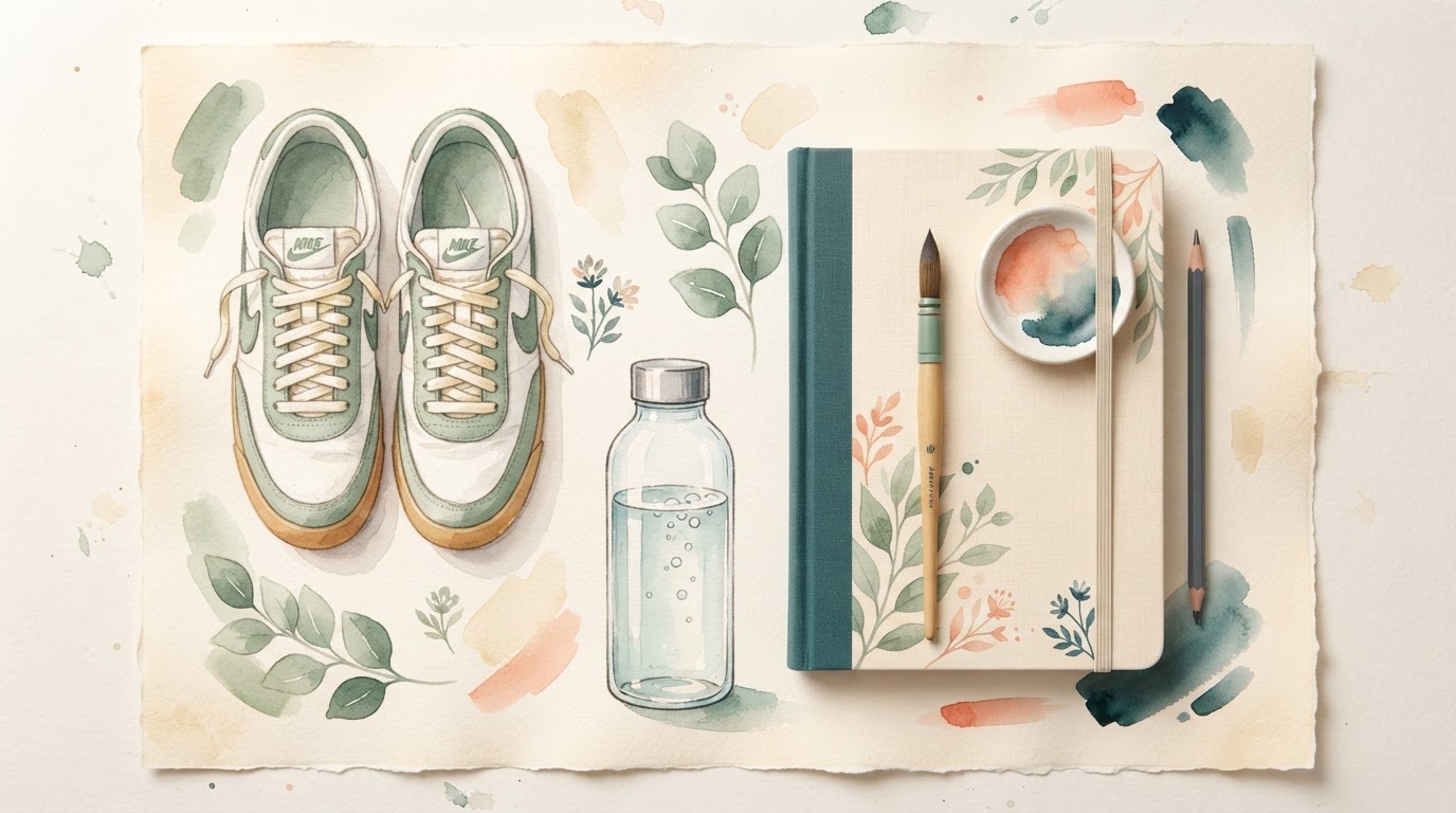 Overhead flat lay of morning items: water, notebook, sneakers, warm cream watercolor