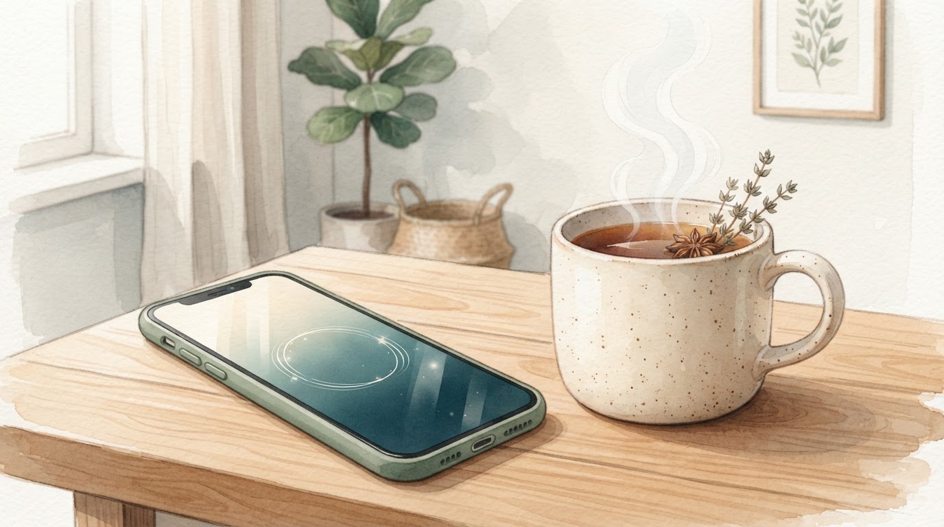 Ein Smartphone liegt auf einem Holztisch neben einer Tasse Kräutertee, auf dem Bildschirm ist eine minimalistische Atem-Grafik zu sehen