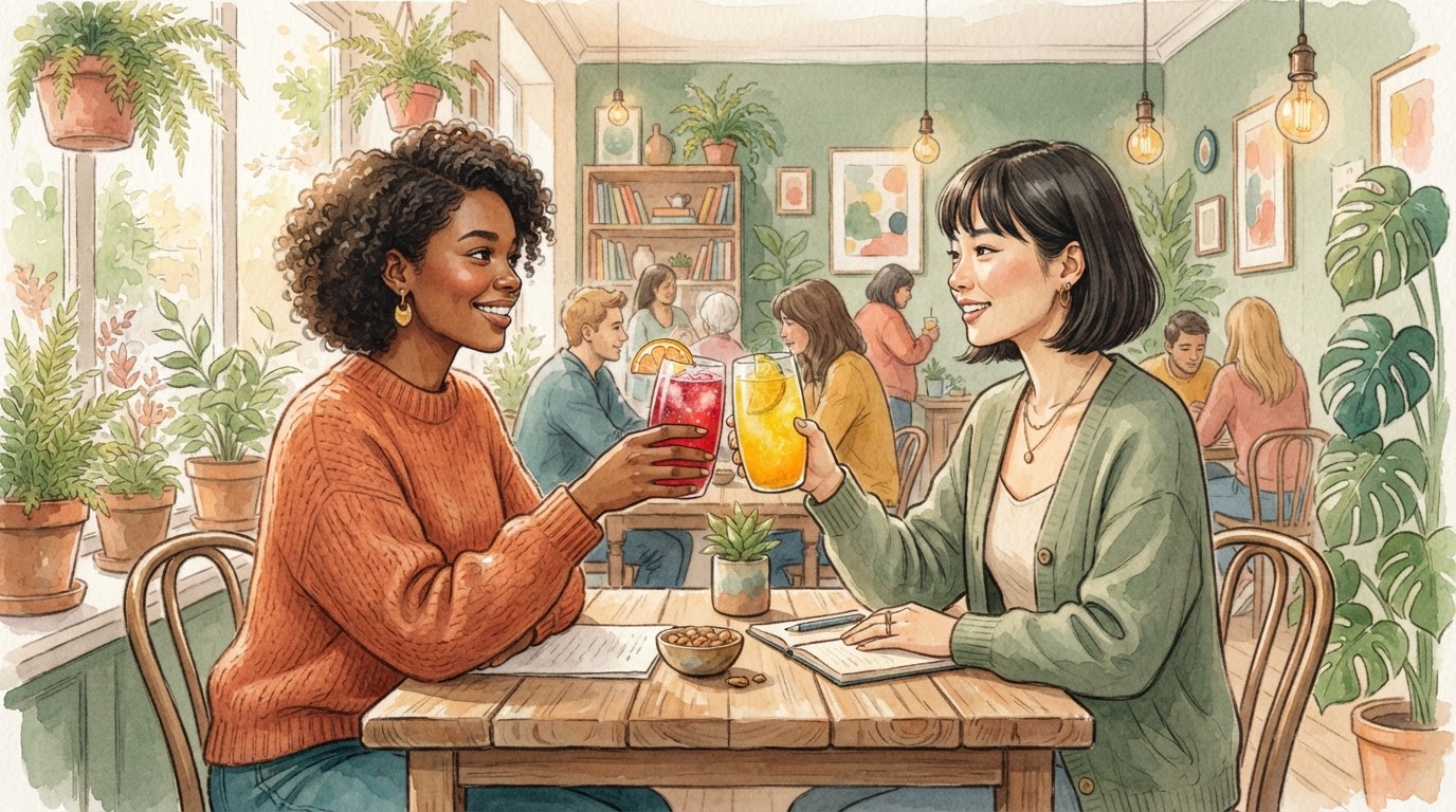 Zwei Personen sitzen in einem hellen Café bei anregenden Gesprächen und stoßen mit kreativen alkoholfreien Mocktails an