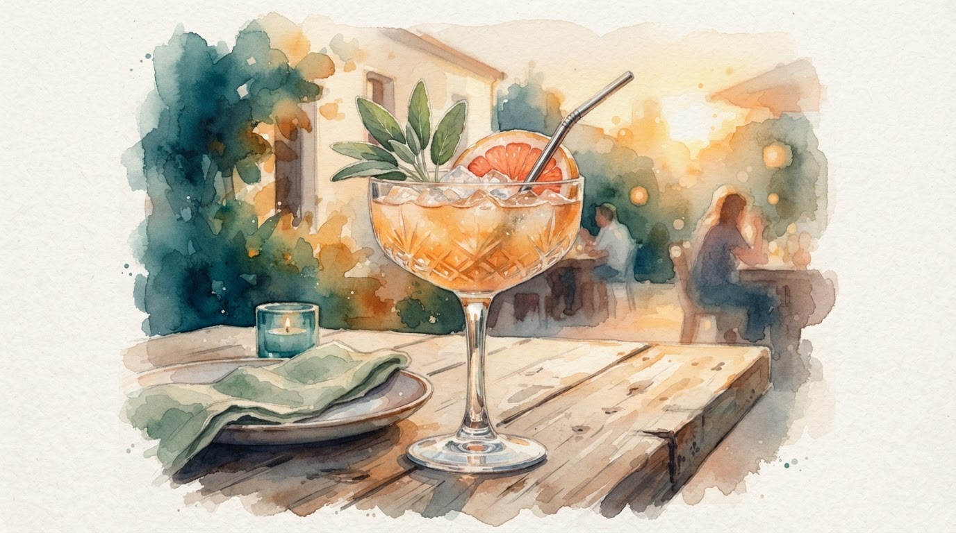 Mocktail glass in warm evening light, muted amber watercolor