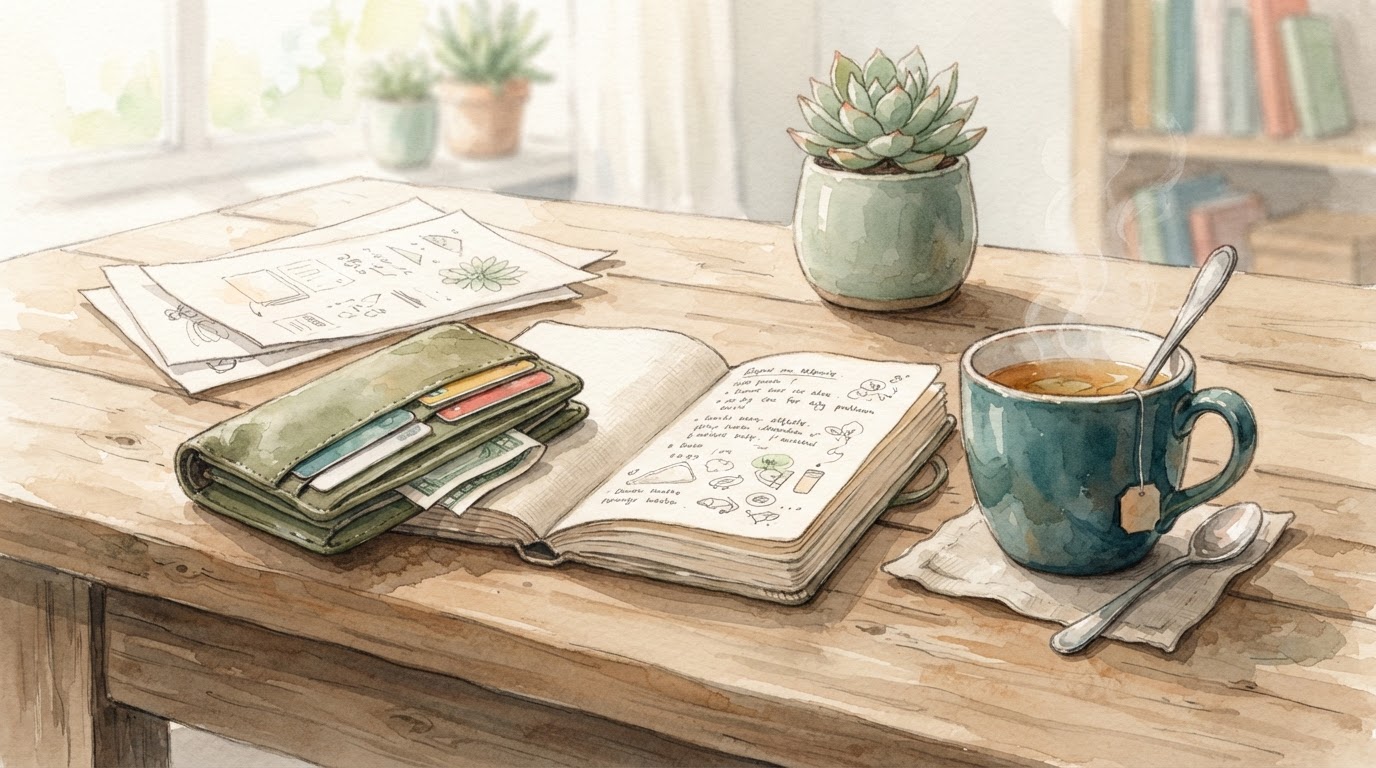 Wallet, notebook and calm tea on desk, watercolor