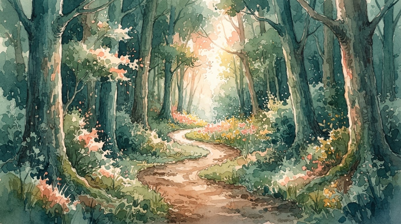 Ein verschlungener Waldweg, der sich im Sonnenlicht lichtet.