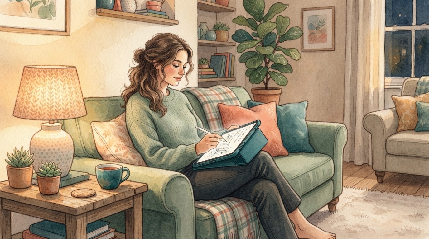 Eine Person sitzt gemütlich auf einem Sofa und schreibt in ein digitales Journal auf einem Tablet, umgeben von sanftem, warmem Licht.