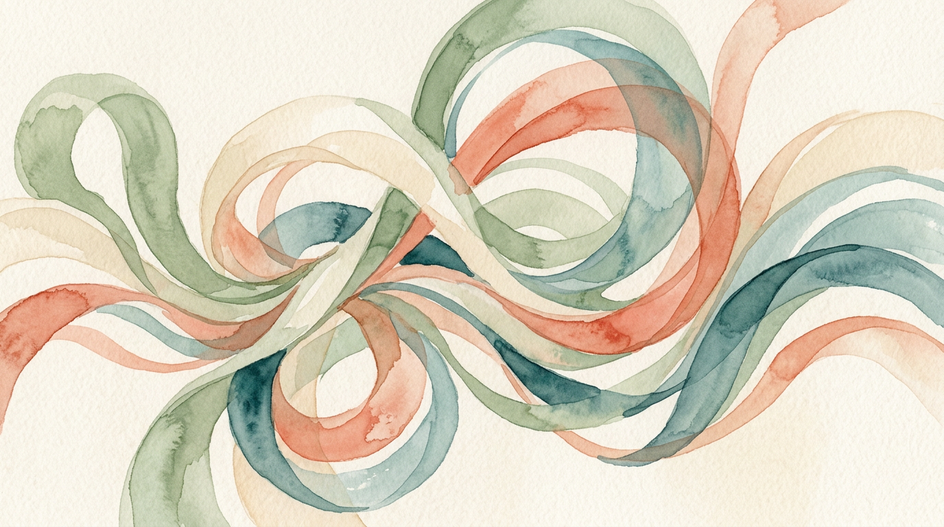 Abstract magazine cover of intertwined ribbons in pastel colors, editorial watercolor