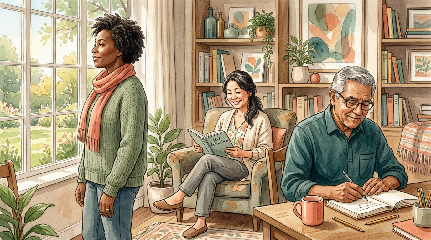 A diverse group of adults looking thoughtful and relieved.