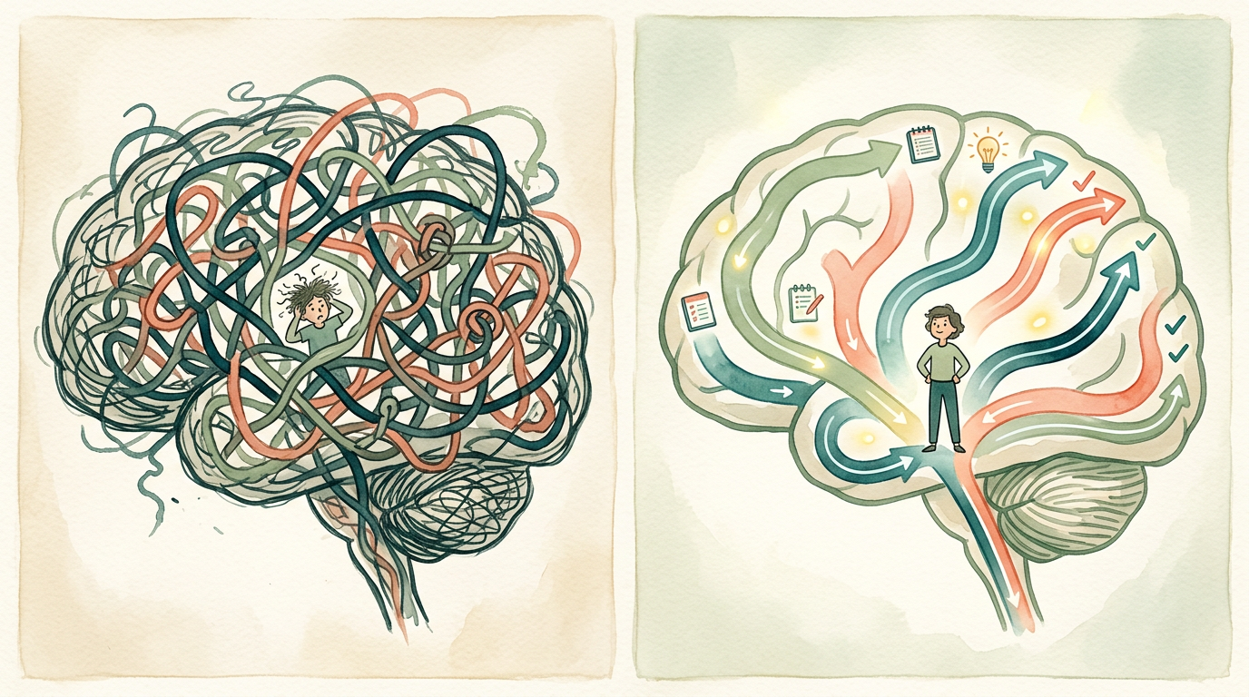 A split-panel illustration showing a before and after of a brain.