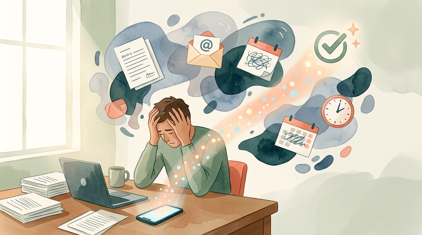 A person overwhelmed by floating, abstract to-do list items