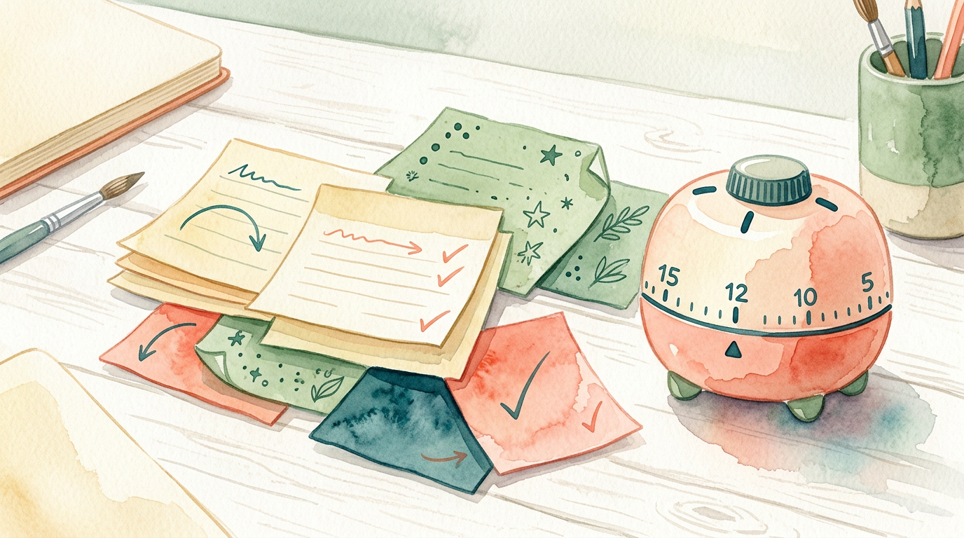 Colorful sticky notes and a soft timer on a bright desk, playful watercolor