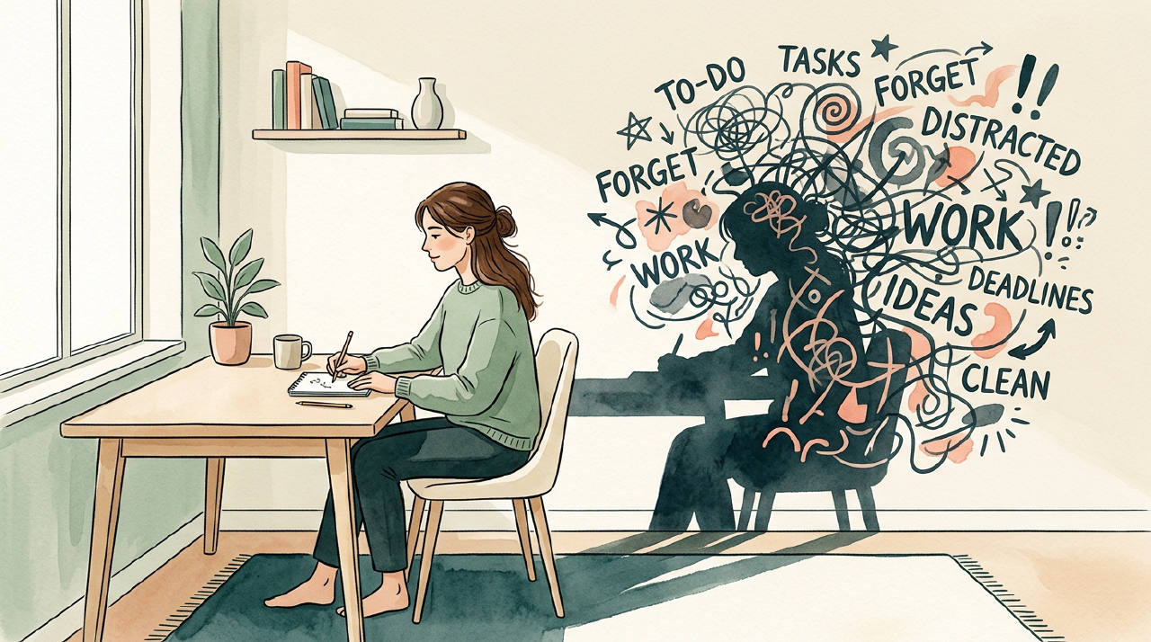A woman sits calmly at a desk, but her shadow on the wall is a chaotic tangle of swirling lines and unfinished tasks.