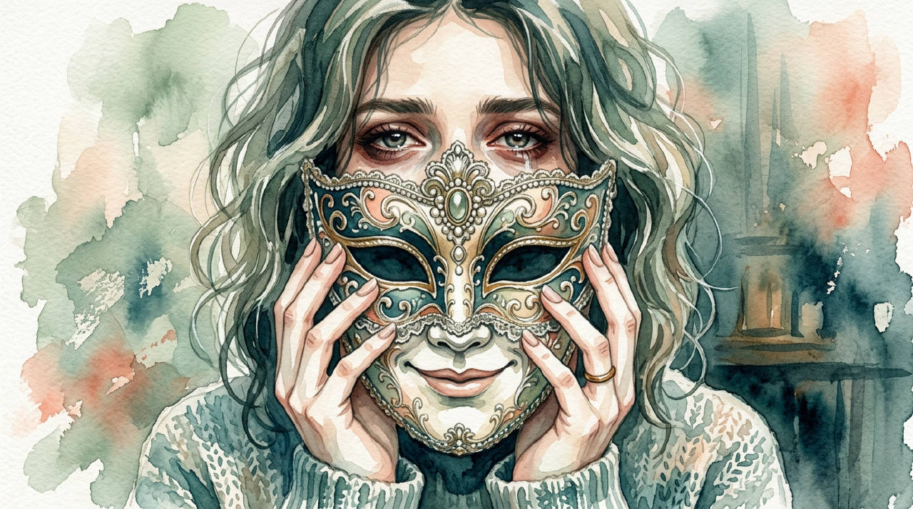 An intricate, beautiful mask is held up, hiding a woman's tired and overwhelmed face.