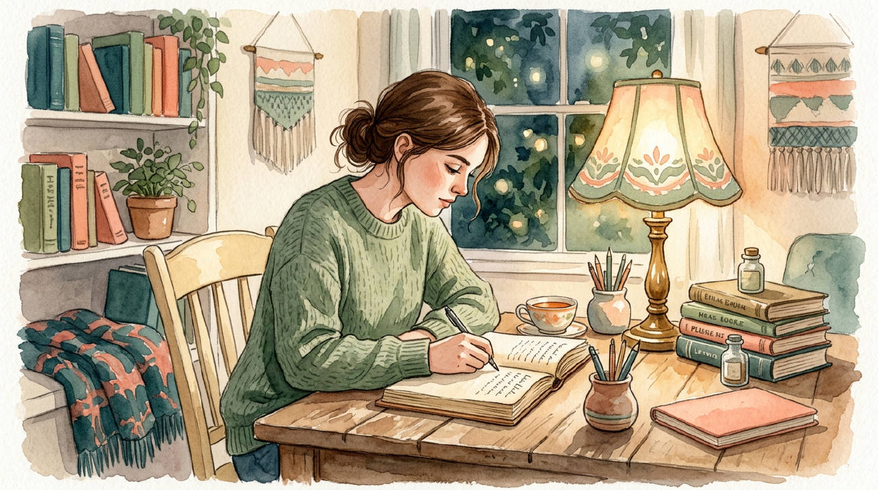 Woman writing at desk under warm lamp light, watercolor