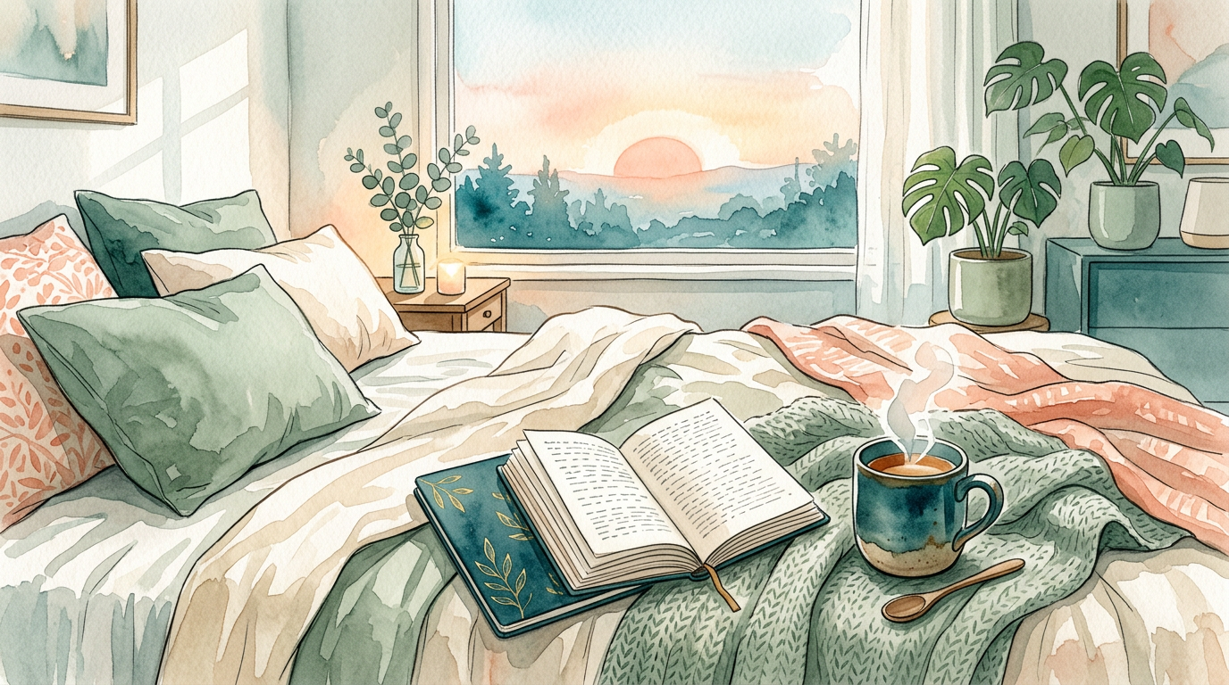 Calm sunrise editorial illustration of linen bed, tea mug and open journal, teal sage watercolor