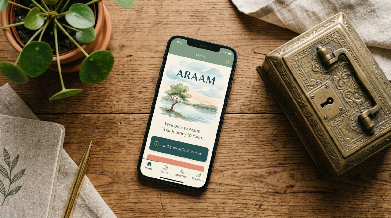 A smartphone displaying the Araam app next to a beautiful antique lockbox