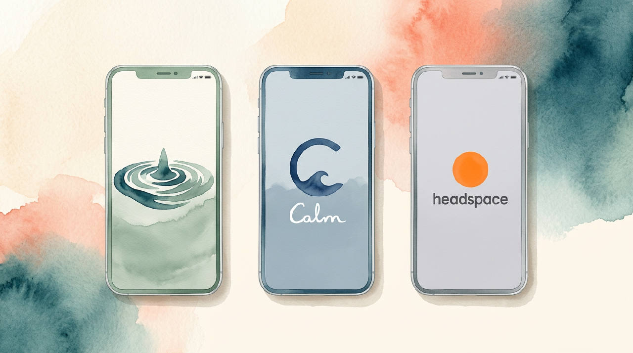 Three smartphones displaying the logos of Araam, Calm, and Headspace