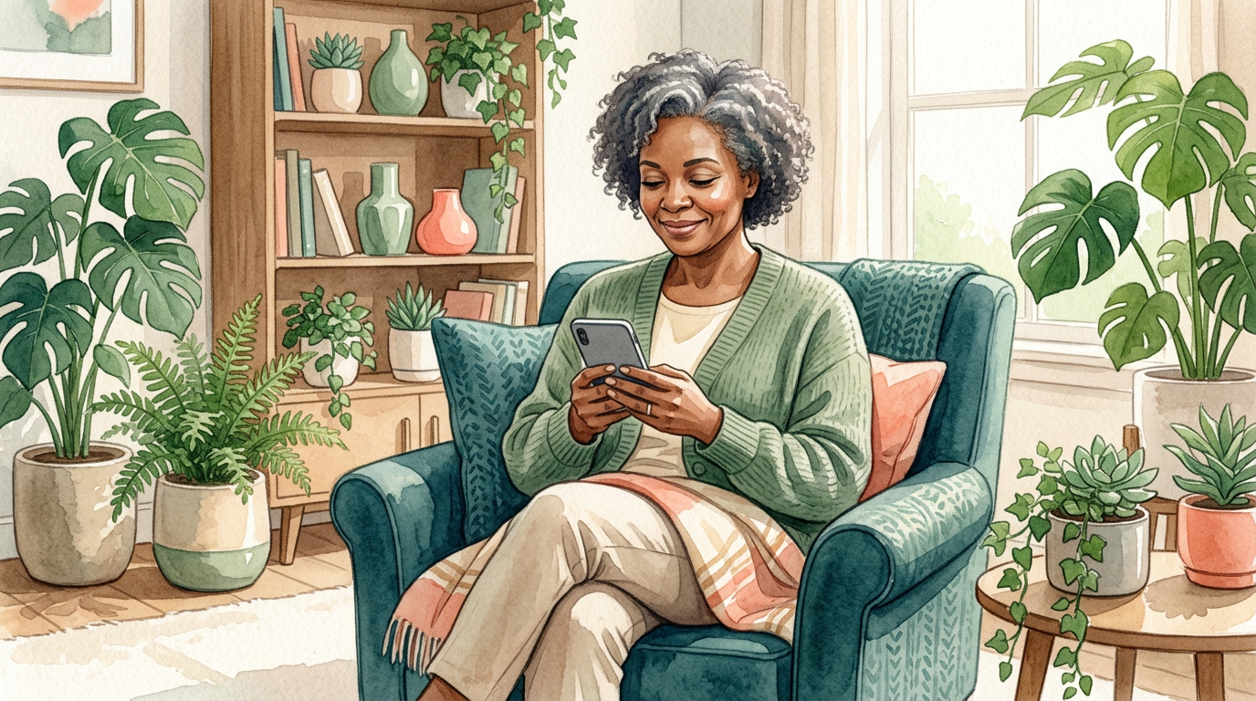 A person smiling softly while looking at their phone, sitting in a cozy armchair in a sun-drenched room with plants.