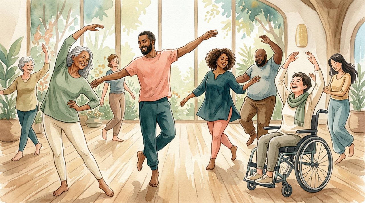 a diverse group of people of different shapes, sizes, and ethnicities practicing gentle yoga in a sunlit studio with large plants