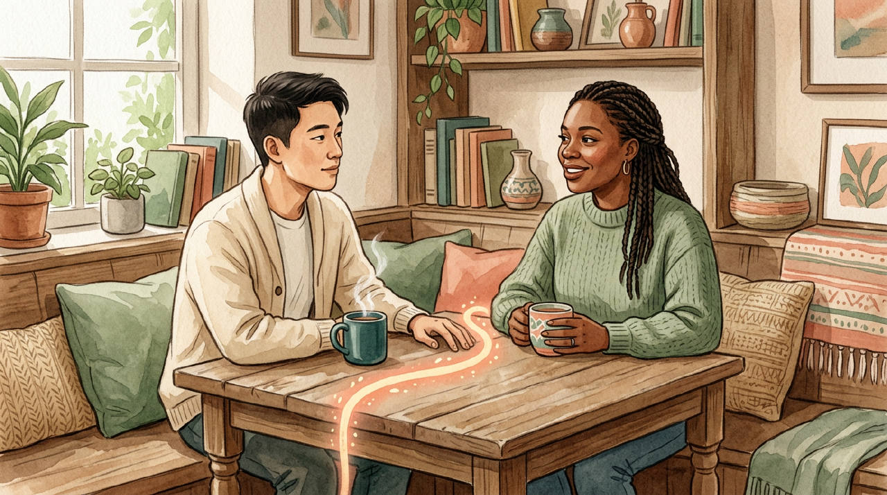 Two people sit across from each other at a cafe, having a respectful conversation.