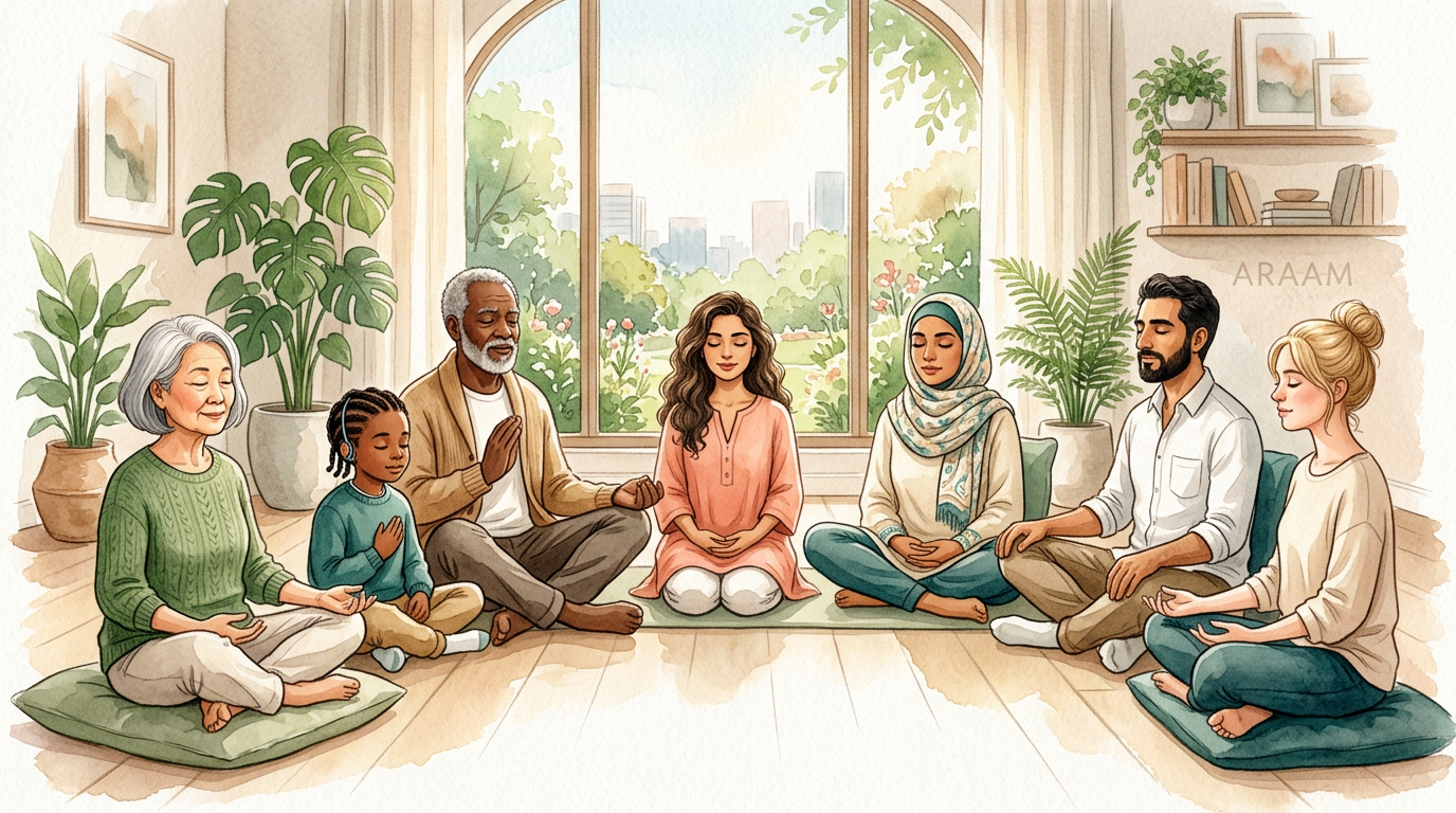 A diverse group of serene people sitting in a sunlit, minimalist room, some with eyes closed, practicing calm breathing.