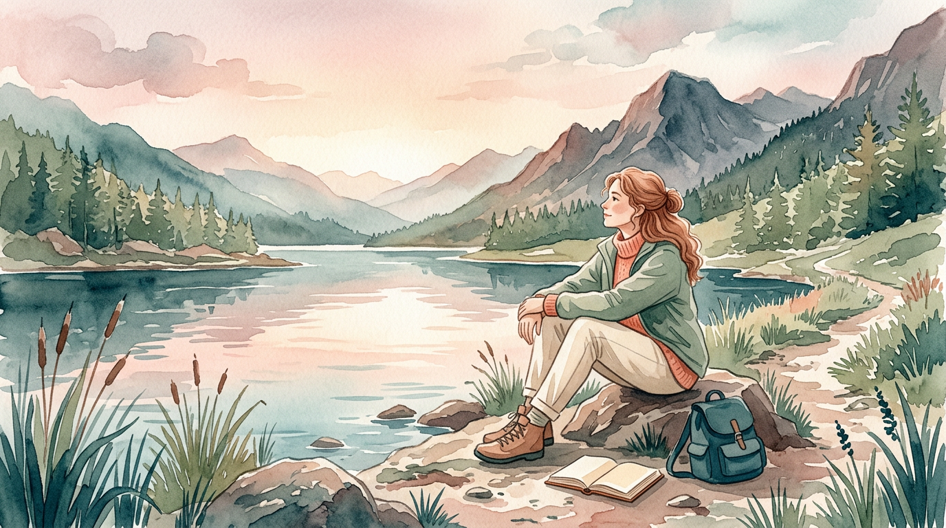 A hopeful figure resting by a mountain lake at dawn, muted teal and dusty rose watercolor, editorial illustration