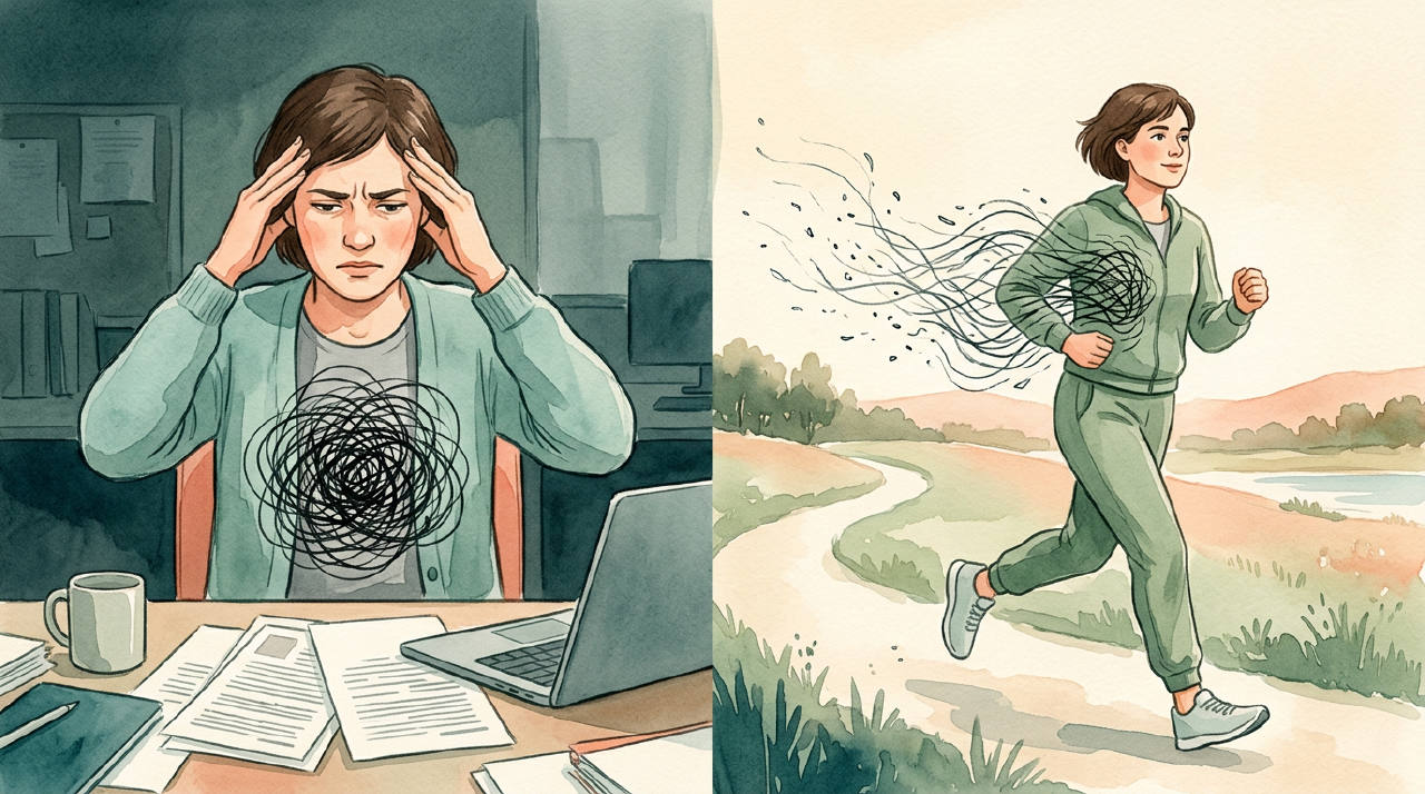 A split-panel illustration showing the contrast between an incomplete and a complete stress cycle.