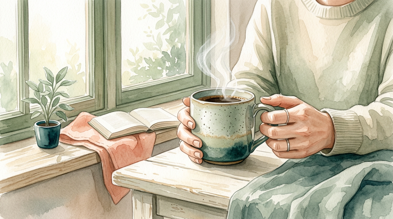 A person calmly sipping coffee by a sunny window