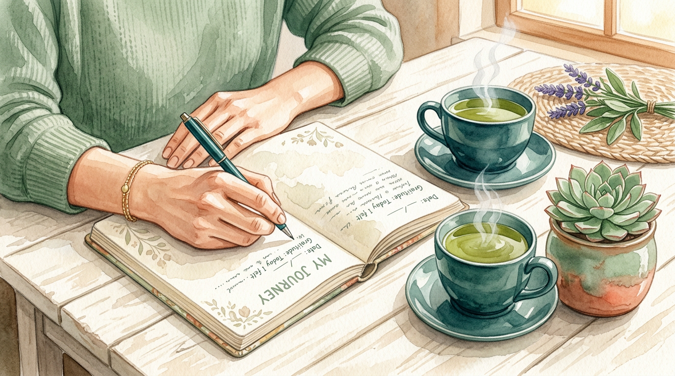 A person journaling next to a cup of tea