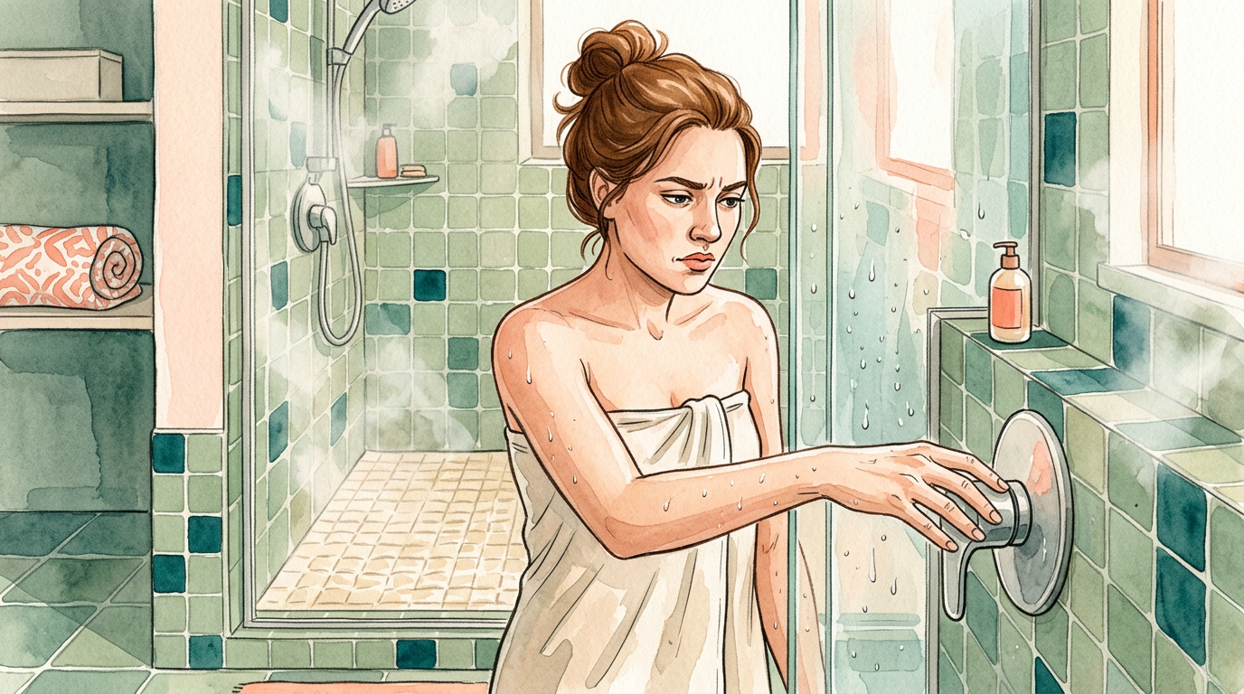A person stands in a steamy shower, tentatively reaching to turn the knob from red to blue.