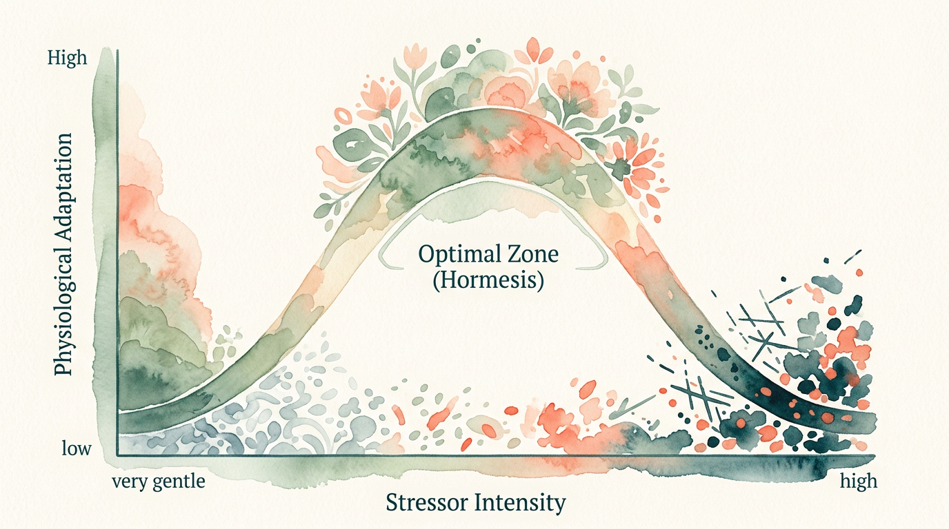 A simplified infographic of the hormetic stress response curve, labeled 'eustress,' 'optimal zone,' and 'distress.'