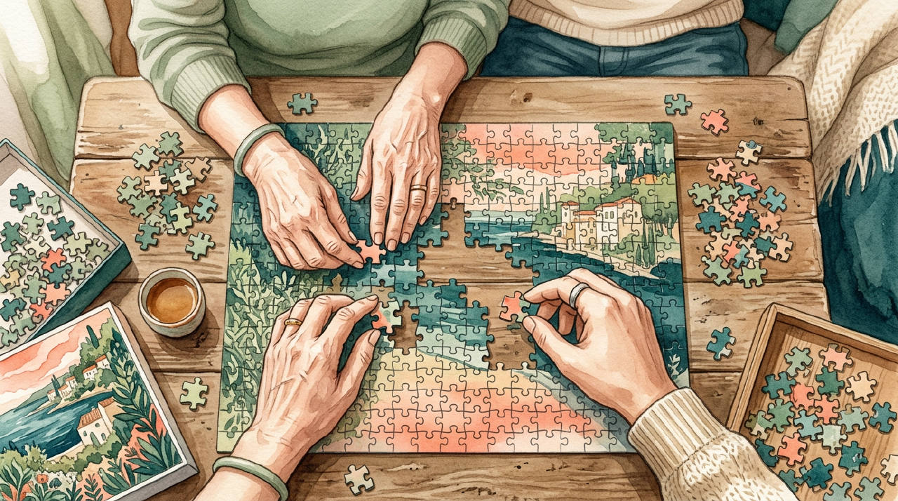A close-up shot of two pairs of hands, one older and one younger, working together on a puzzle at a wooden table.