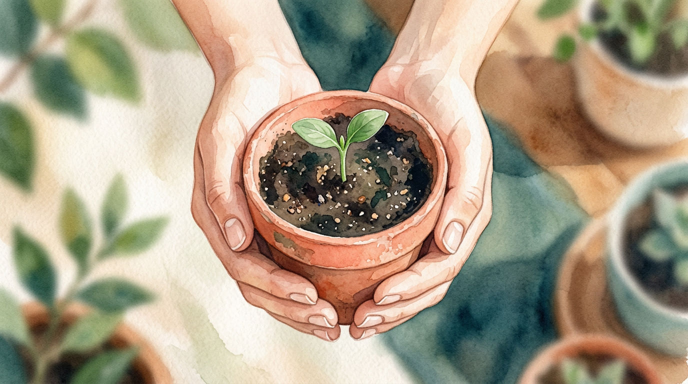 A close-up of a woman's hands tending to a small, vibrant green sprout in a pot