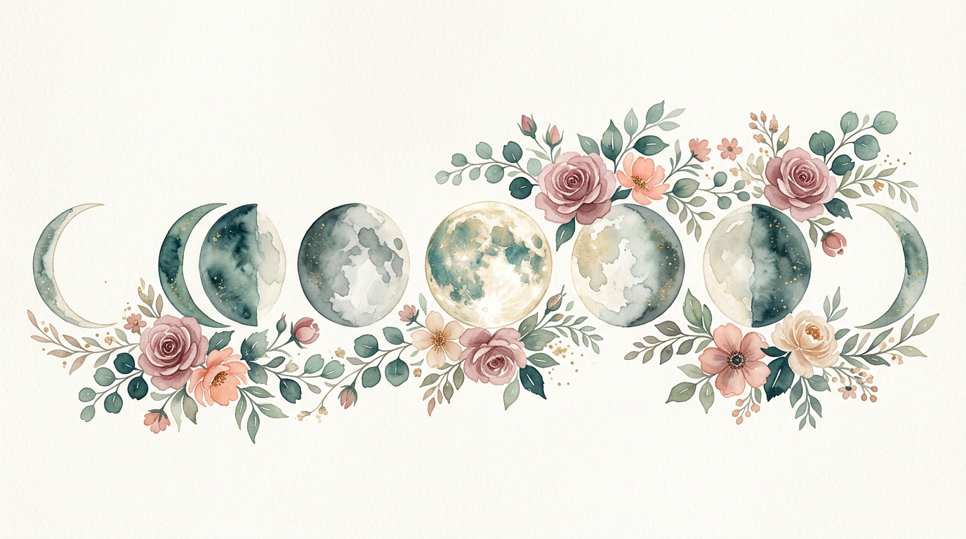 Delicate moon phases with floral accents, dusty rose watercolor