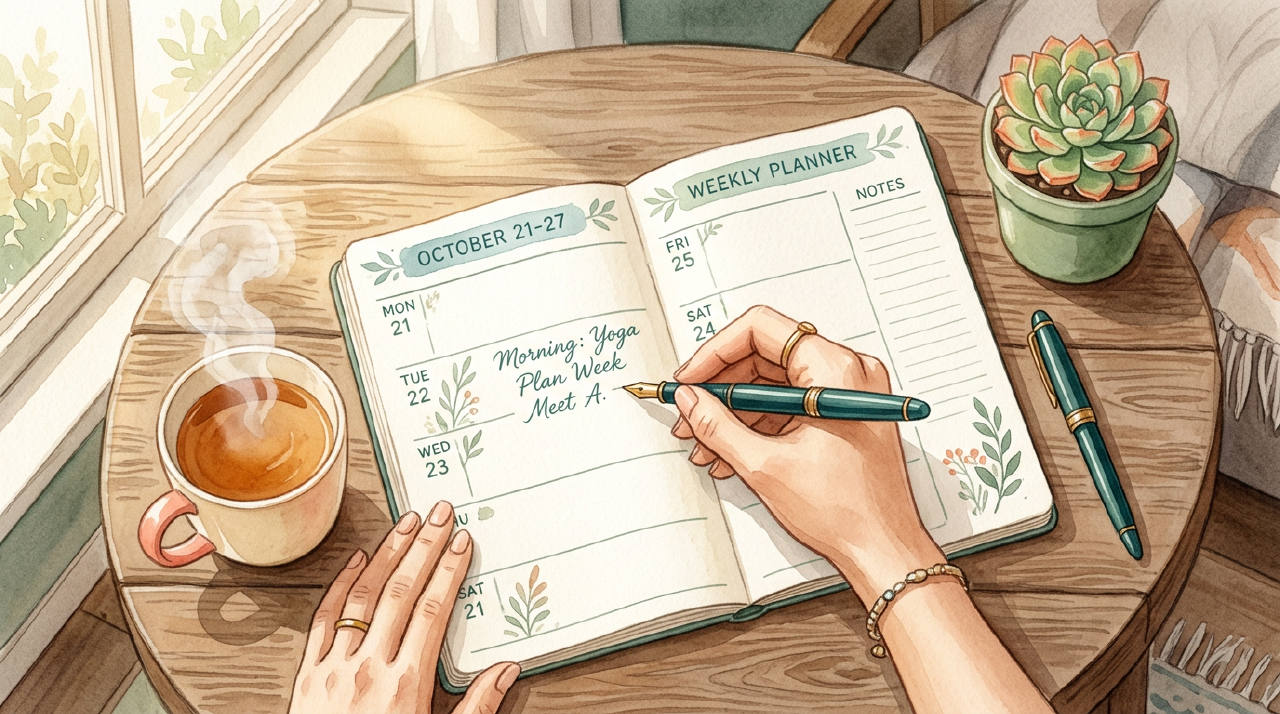 A person sitting at a sunlit wooden desk with a weekly planner.