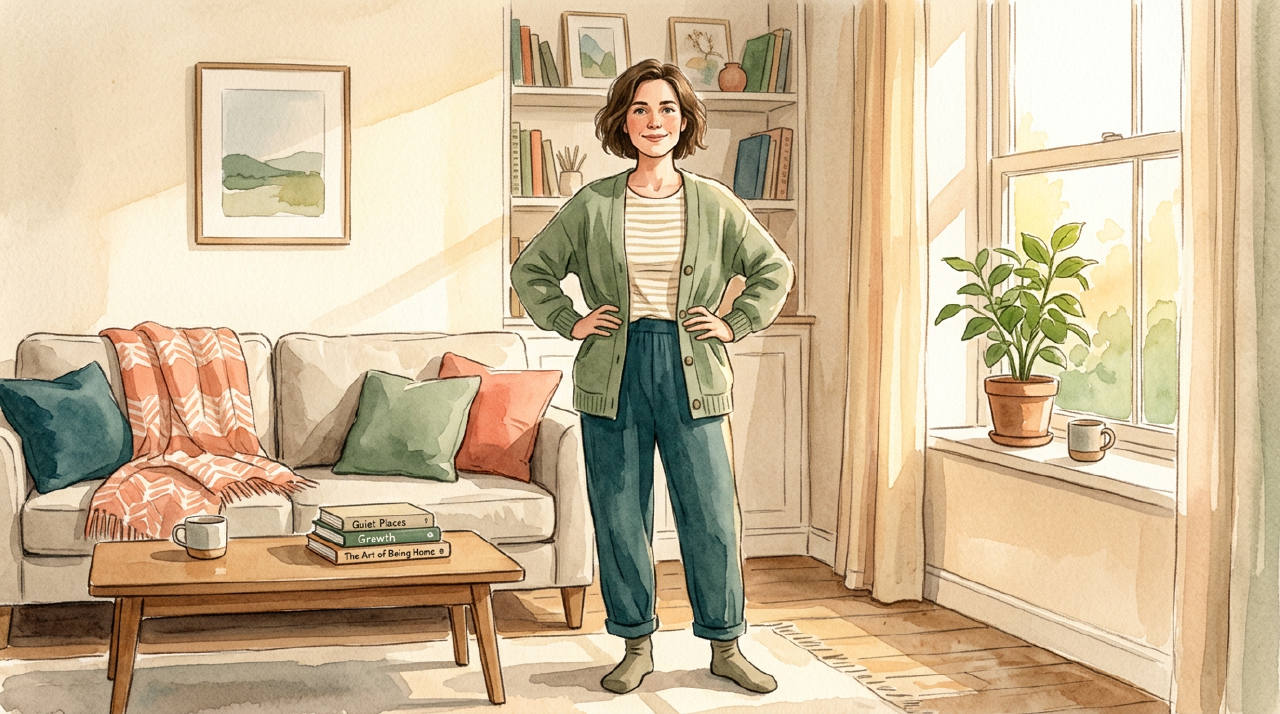 A person feeling a sense of calm accomplishment in a tidy room.