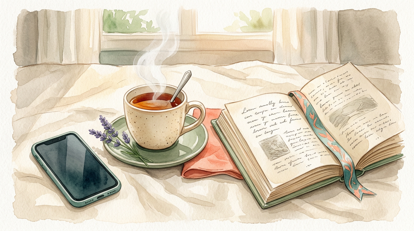 A phone facedown next to a warm cup of tea and open book on linen, warm morning light, editorial watercolor